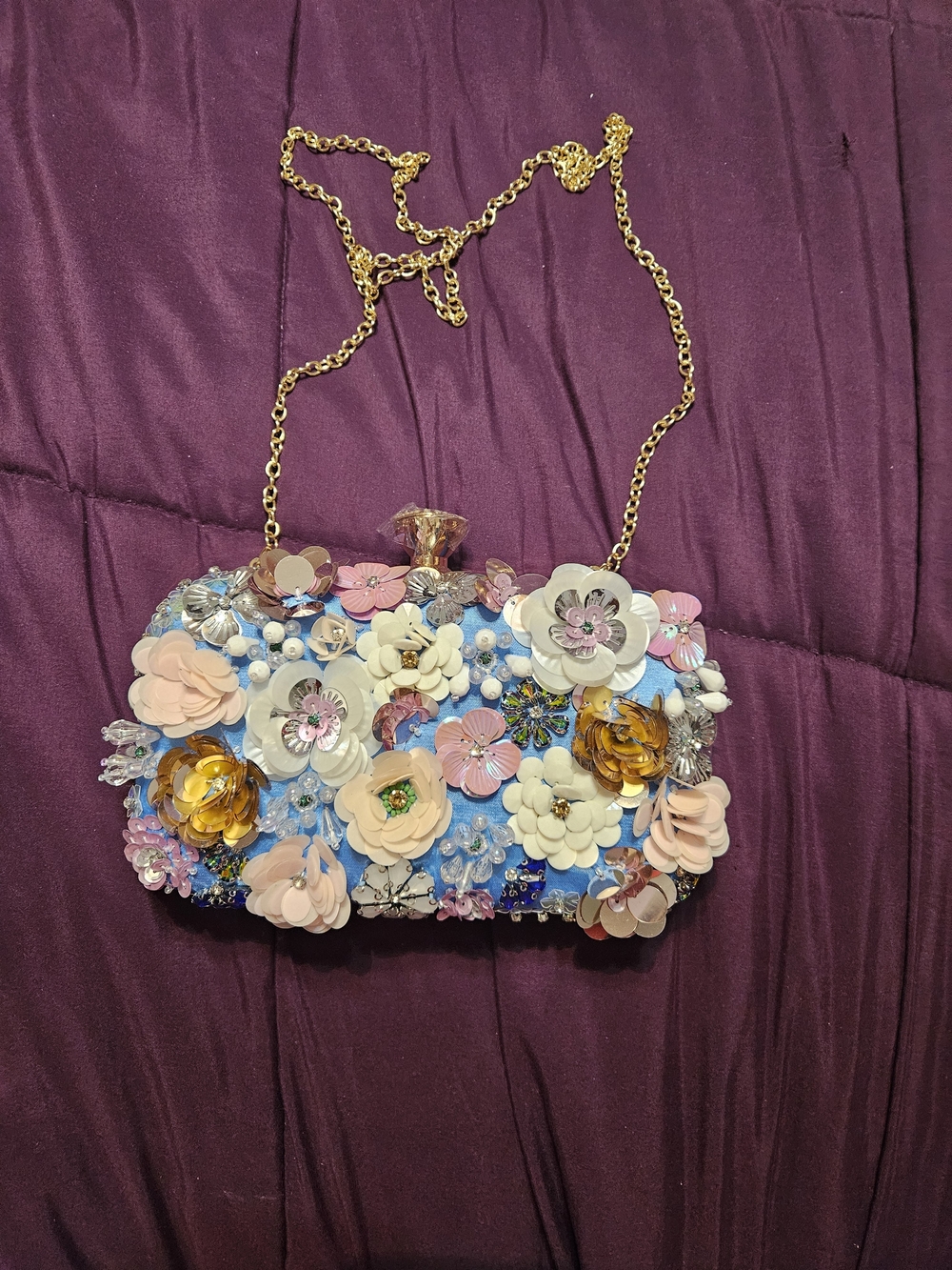 NWOT Floral Embellished Chain Shoulder Bag - Blue/Pink